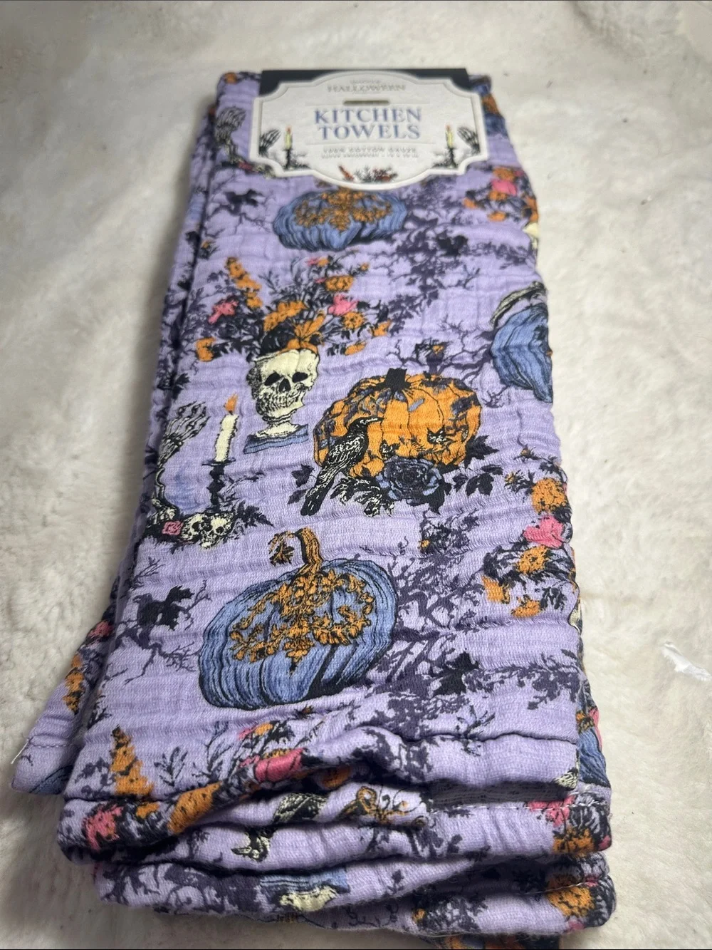 Envogue Halloween set of 2 skull and pumpkin cotton guaze kitchen towels